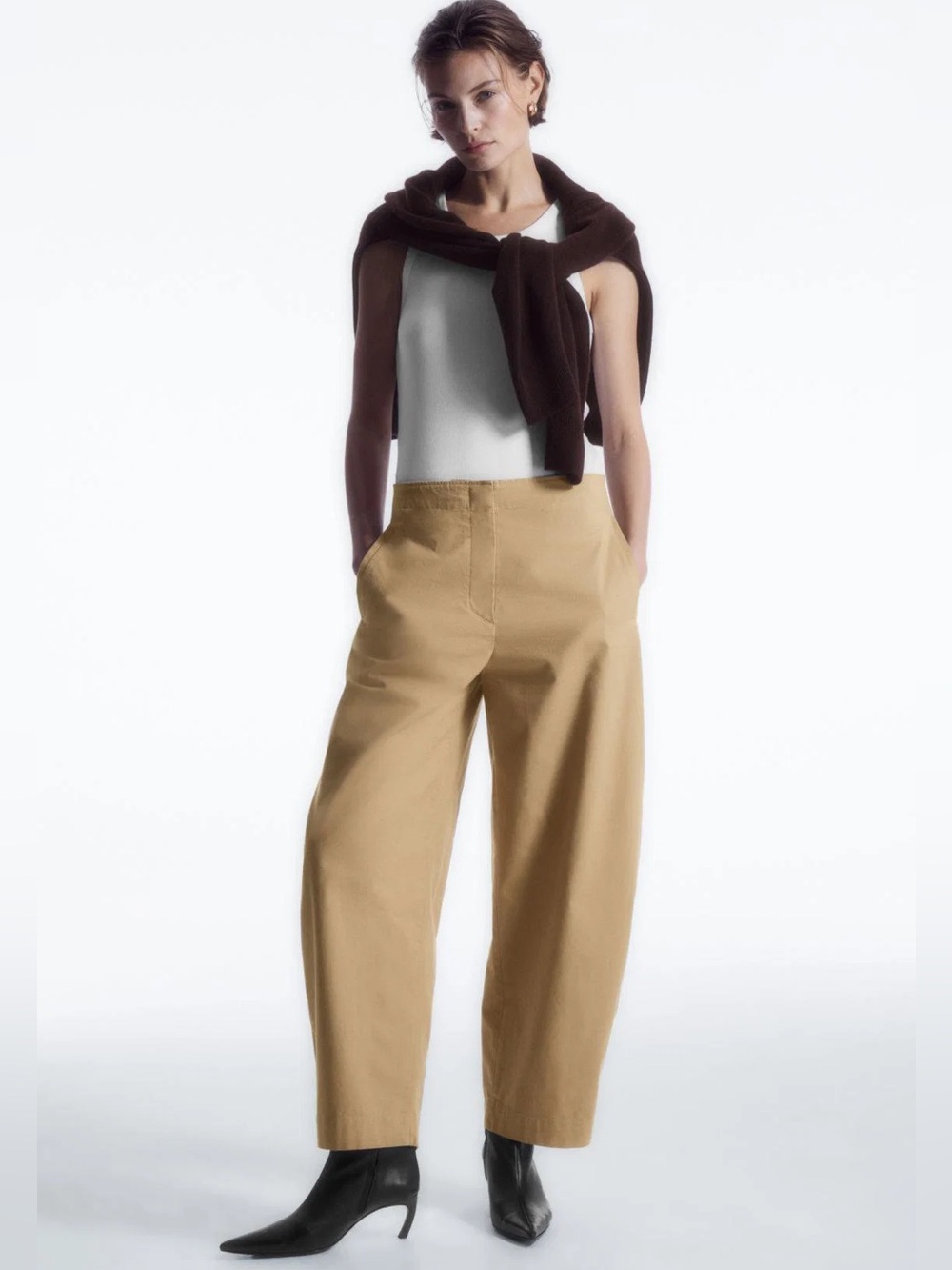 COS Beige Balloon Barrel Leg Cotton Blend Trouser Pants